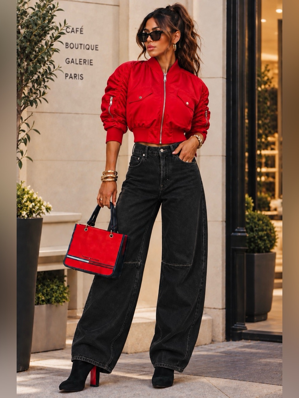 AKIRA Red Ruched Sleeve Cropped Bomber Jacket Statement Y2K NWT